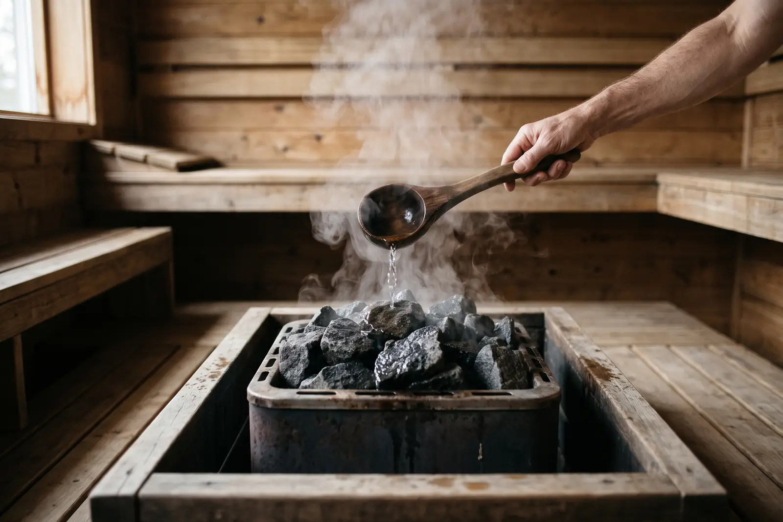 Vand hældes over varme sten i en sauna af træ. Lavet med AI