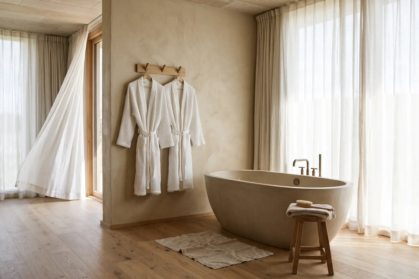 To hvide badekåber ved et dybt badekar i en lys hotelsuite. Lavet med AI