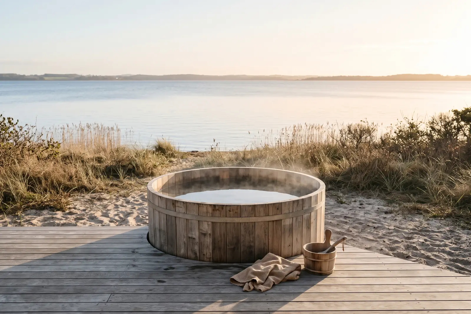 Udendørs badetønde på en terrasse med udsigt over en stille fjord. Lavet med AI