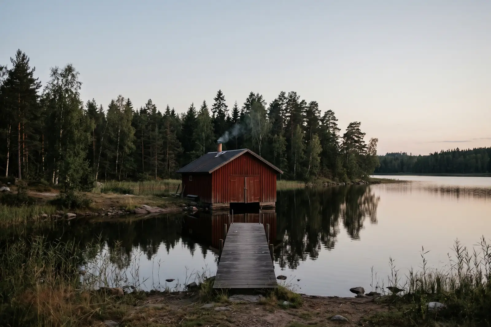 Rødt bådhus og smal badebro ved en stille svensk sø i skumringen. Lavet med AI