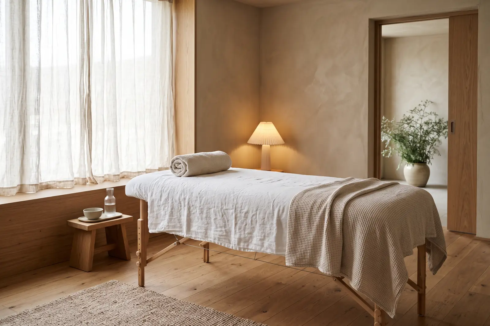 Massagebriks med hvidt linned i et stille rum. Lavet med AI