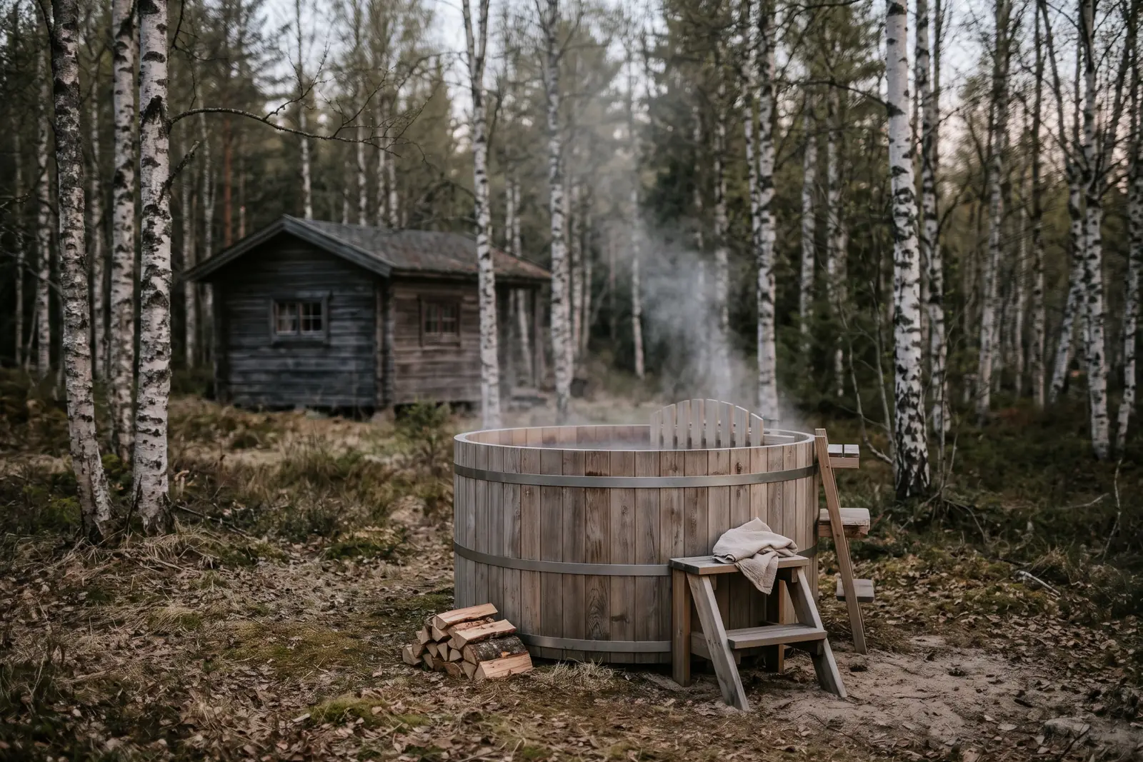 Vildmarksbad med damp i en skovlysning ved en lille hytte. Lavet med AI