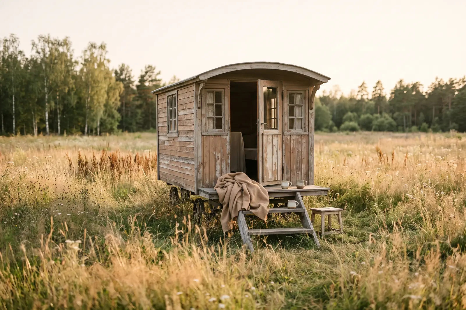 Gammel vogn på en eng i aftensol med tæppe og to krus. Lavet med AI