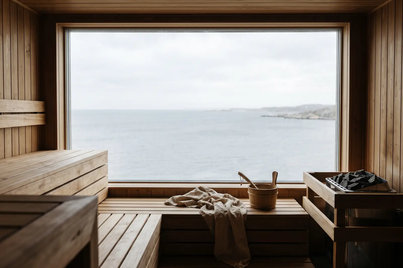 Panoramasauna af cedertræ med vindue ud mod havet. Lavet med AI