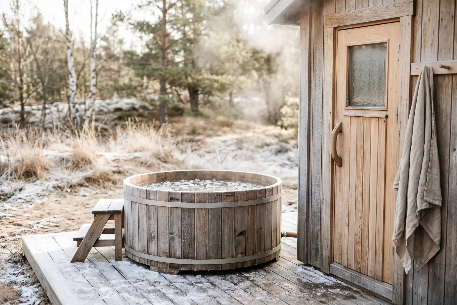 Kar af træ med isvand ved en saunadør i frost. Lavet med AI
