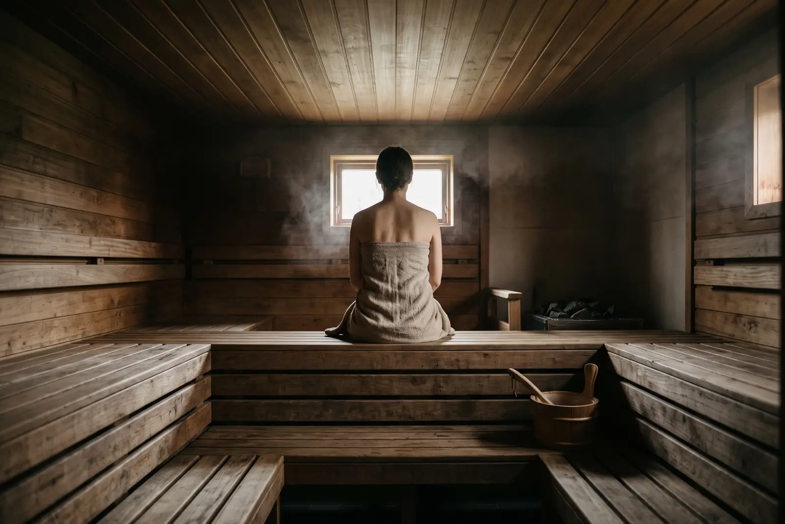 Person i håndklæde set bagfra på øverste bænk i en sauna. Lavet med AI