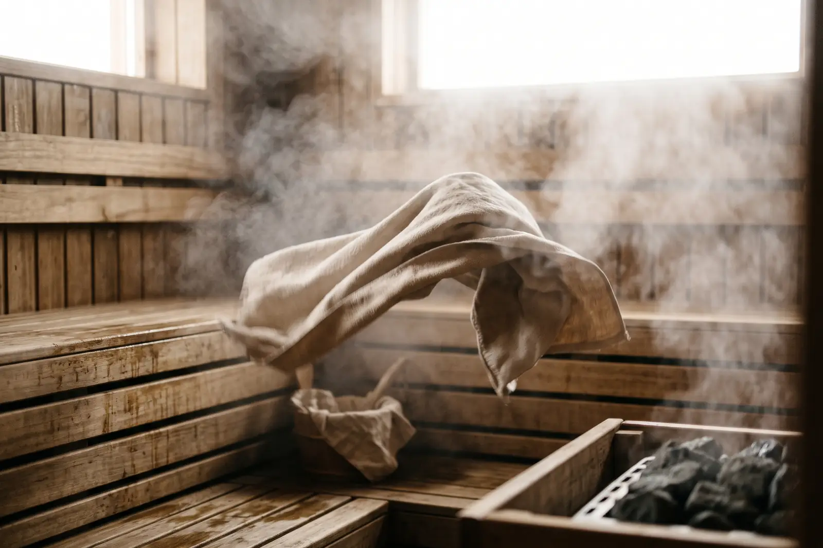 Håndklæde svinges gennem dampen i en sauna. Lavet med AI