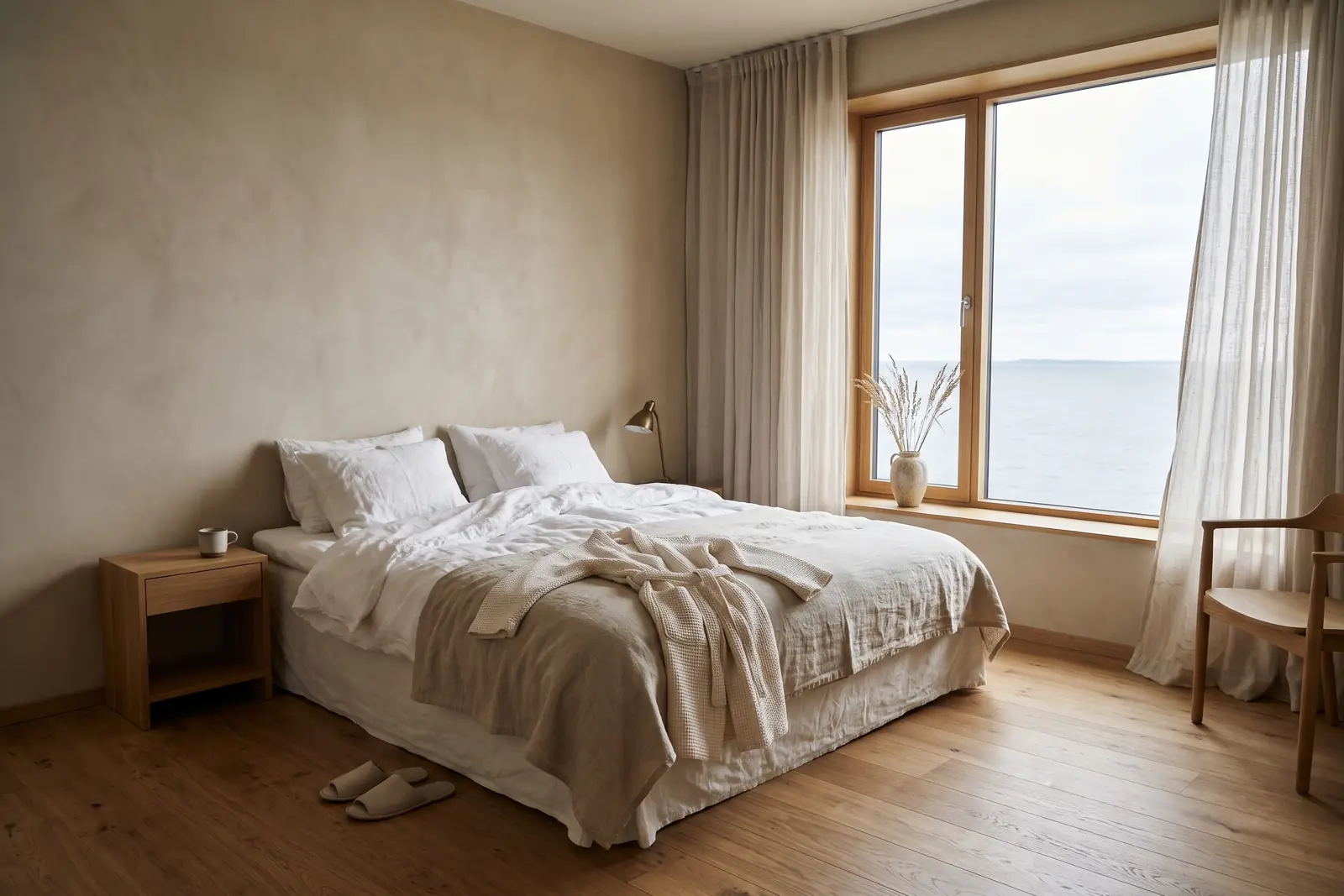 Lyst hotelværelse med hvid seng og badekåbe lagt frem. Lavet med AI