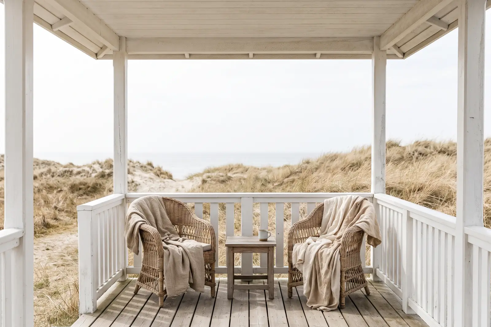 Hvid veranda på et badehotel med kurvestole mod klitterne. Lavet med AI